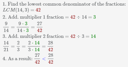 Comparing fractions calculator, the denominators are not the same 9/14 and 14/21